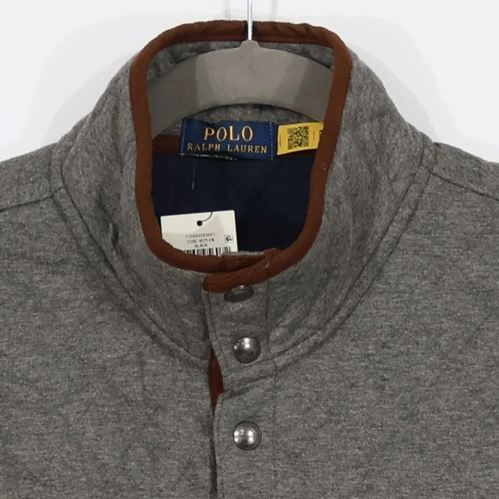 Polo Ralph Lauren Quilted Pullover Mens M Gray Mock Neck Snap Pocket $130 NWT